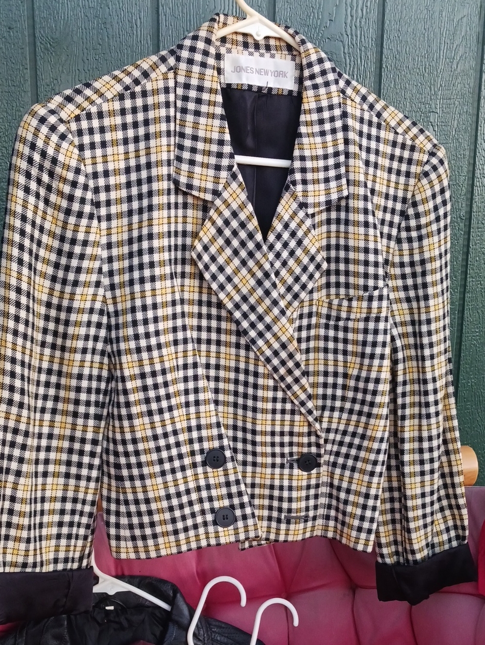 Jones New York Black White and Yellow Plaid Double-Breasted Blazer